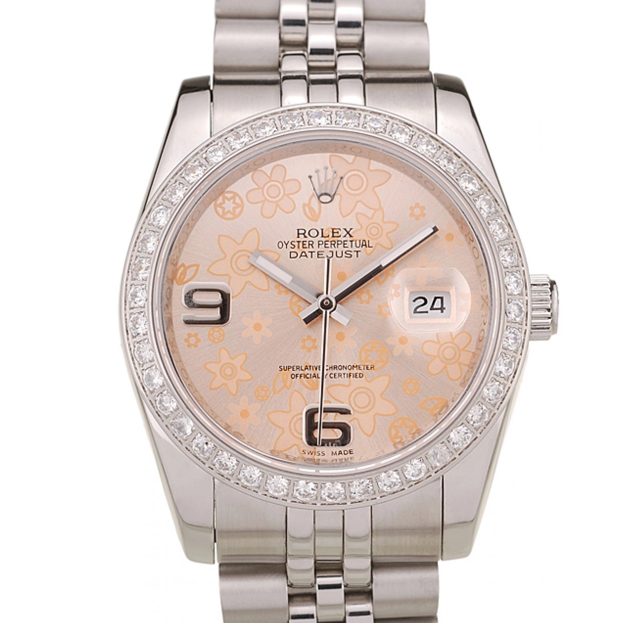 Aaa replica watch Stainless Diamonds Case Orange Flowers Plated Dial DateJust Steel Rolex Brushed 0622